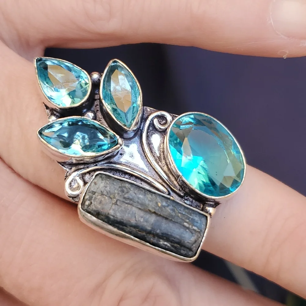 New Rough Kyanite & Blue Topaz 925 Silver Statement Ring.